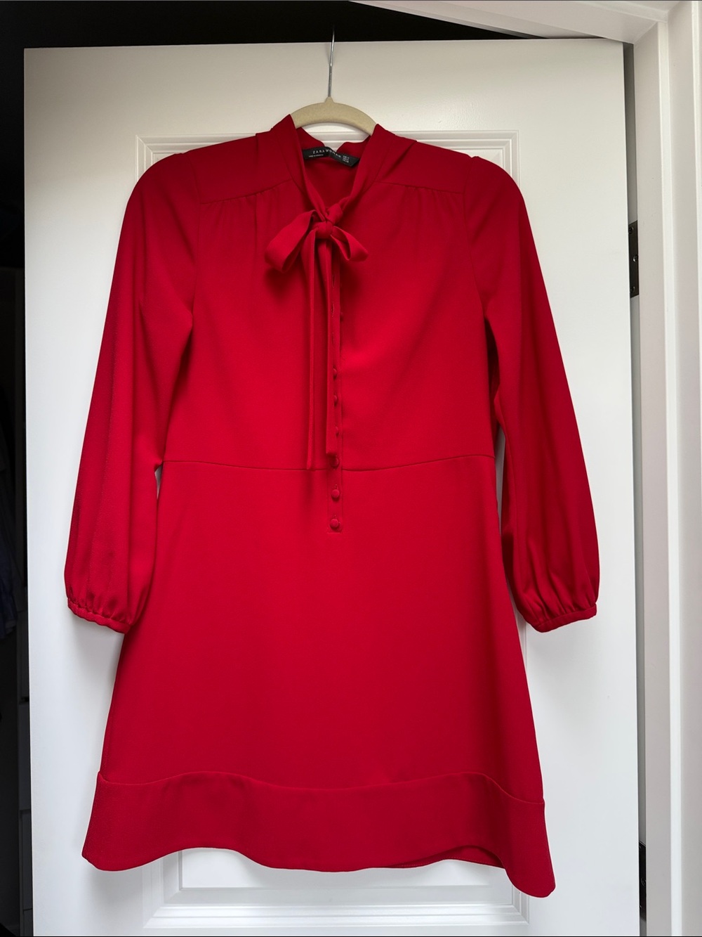 Zara Red Tie-Neck Long Sleeve Dress